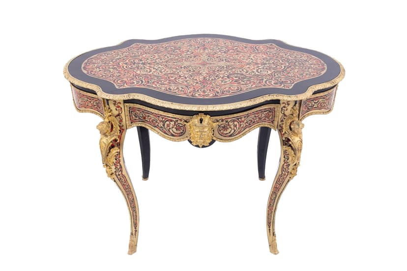 Stolik Boulle, drewno ebonizowane czarne, mosiądz złoty, Francja, XIX wiek