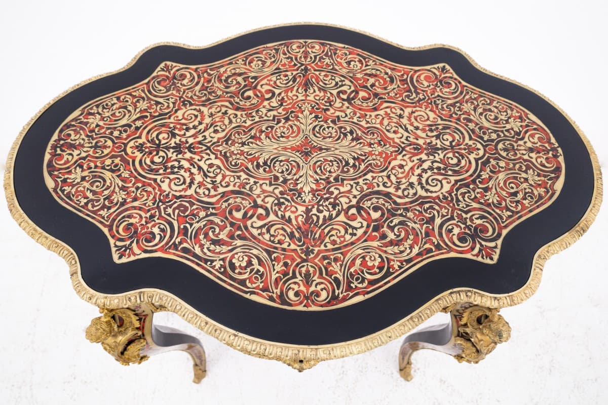 Stolik Boulle, drewno ebonizowane czarne, mosiądz złoty, Francja, XIX wiek - 60709