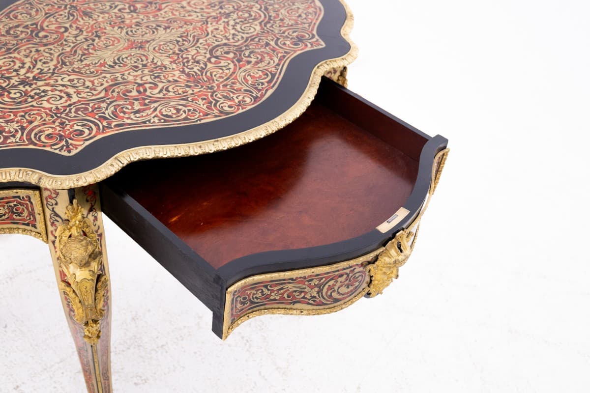 Stolik Boulle, drewno ebonizowane czarne, mosiądz złoty, Francja, XIX wiek - 60708