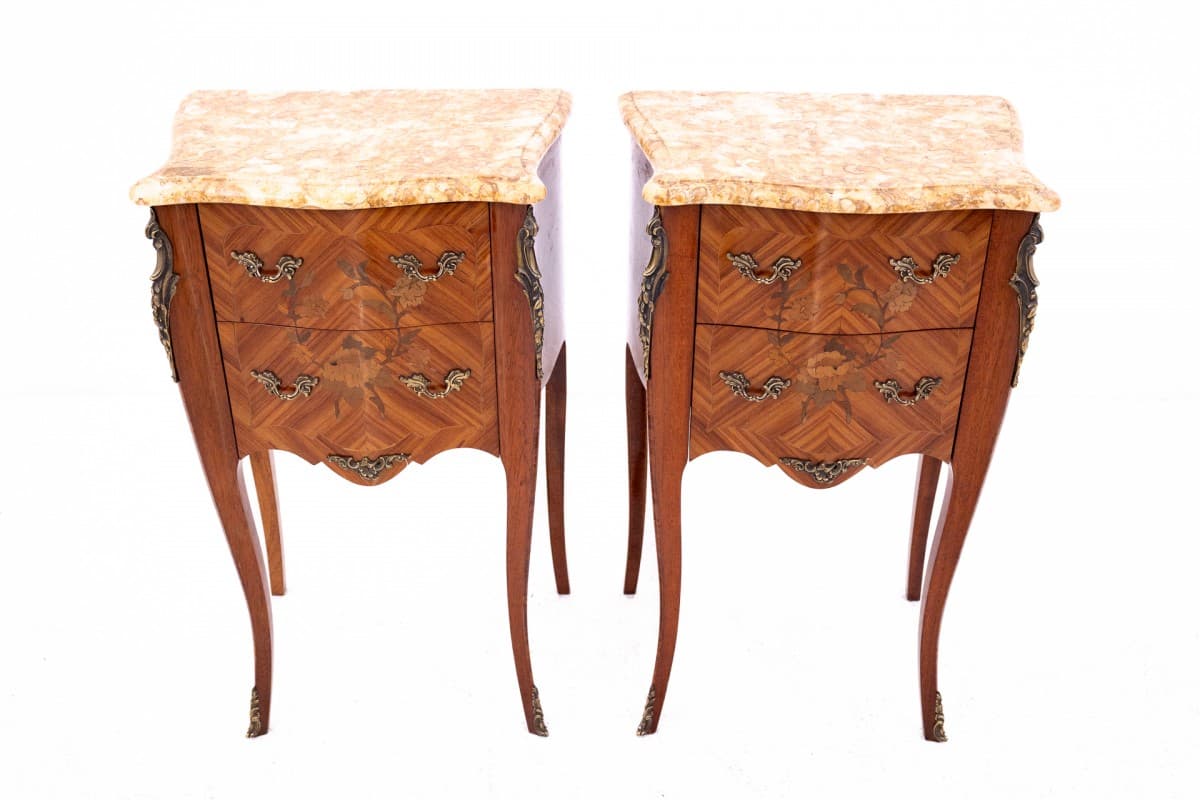 Pair of nightstands, Art Nouveau, brown wood, beige marble, France, early 20th c. - 60567