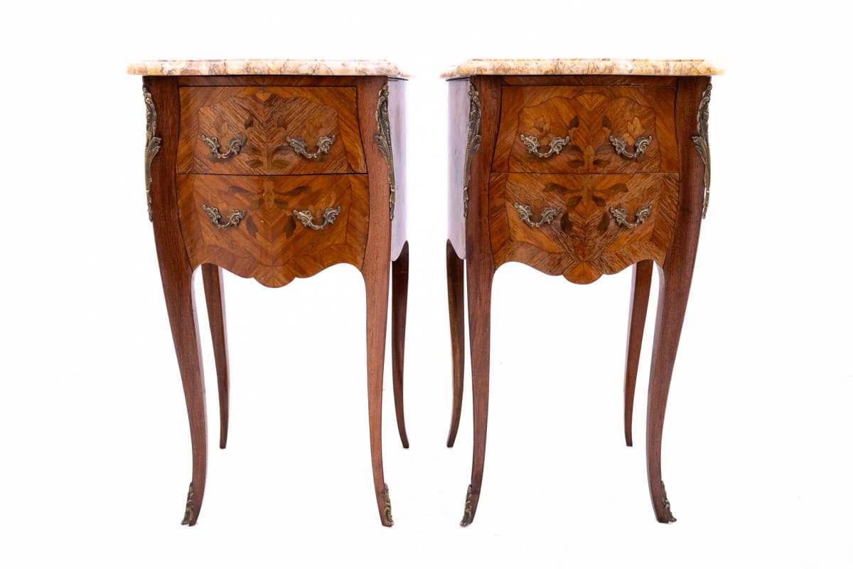 Pair of nightstands, Louis XV style, brown wood, cream marble, brass, France, early 20th c. - 60557