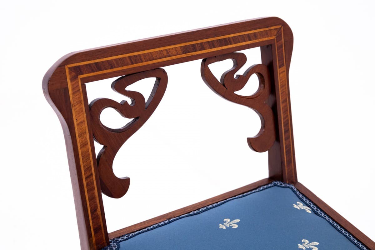 Ławka wiktoriańska, niebieska tapicerka, orzech, Europa Zachodnia, początek XX w. - 67135