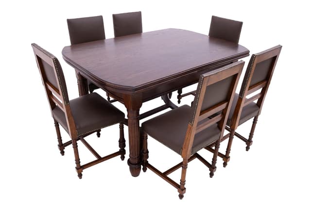 Zestaw jadalniany, drewno brąz – dark, skóra brąz – dark, Francja, XIX w. - WYMIARY