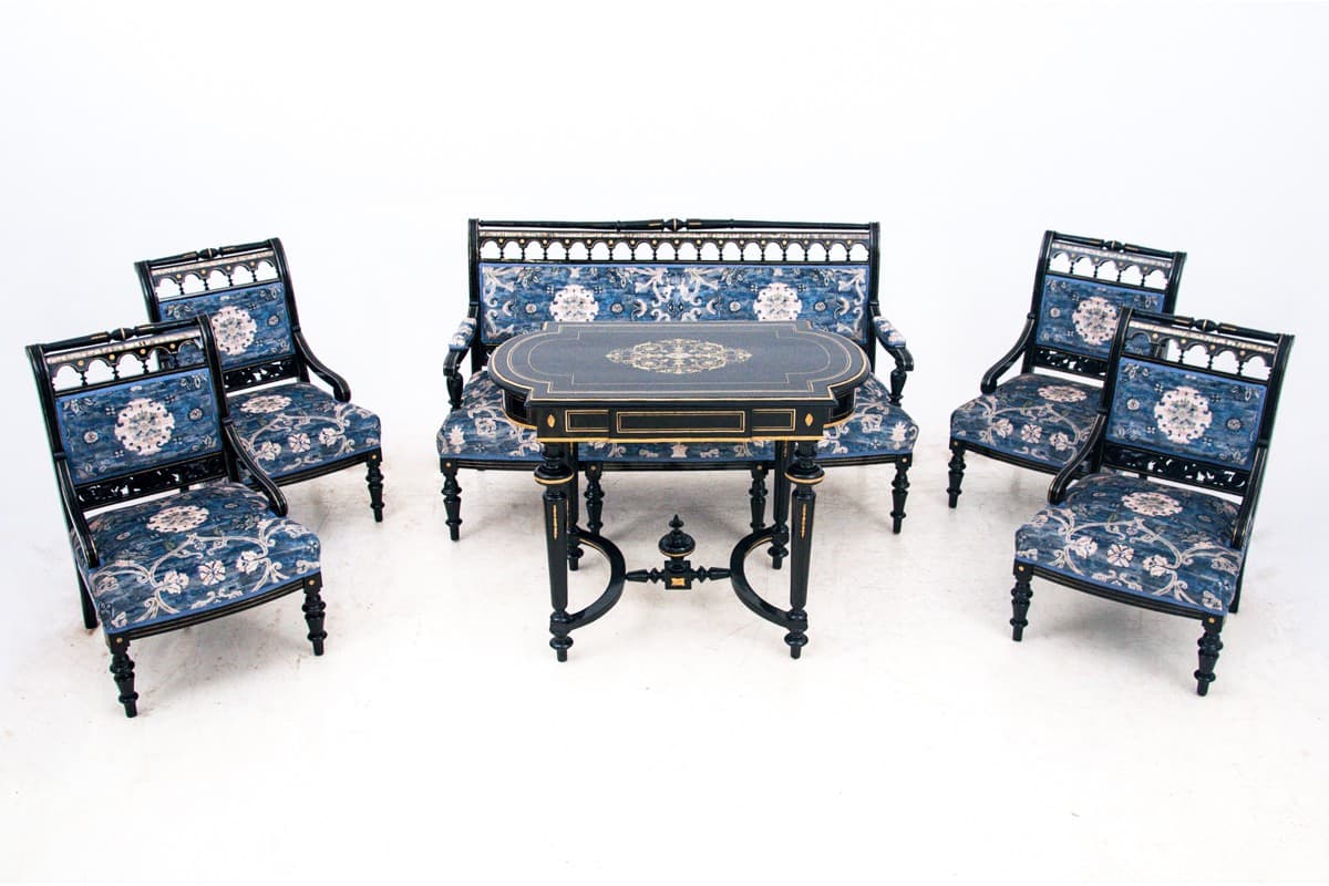 Komplet salonowy, drewno czarne, proj. H. Makart, Austria, lata 40. XIX w. - 67039