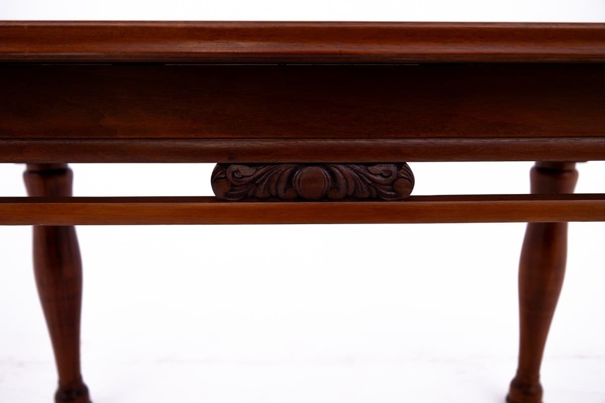 Komplet stół i cztery krzesła, drewno brąz, velvet musztardowy, początek XX wieku - 66989