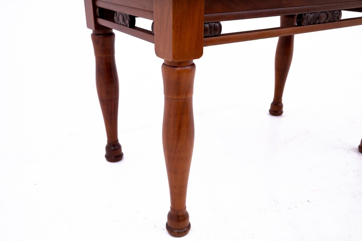 Komplet stół i cztery krzesła, drewno brąz, velvet musztardowy, początek XX wieku - 66991