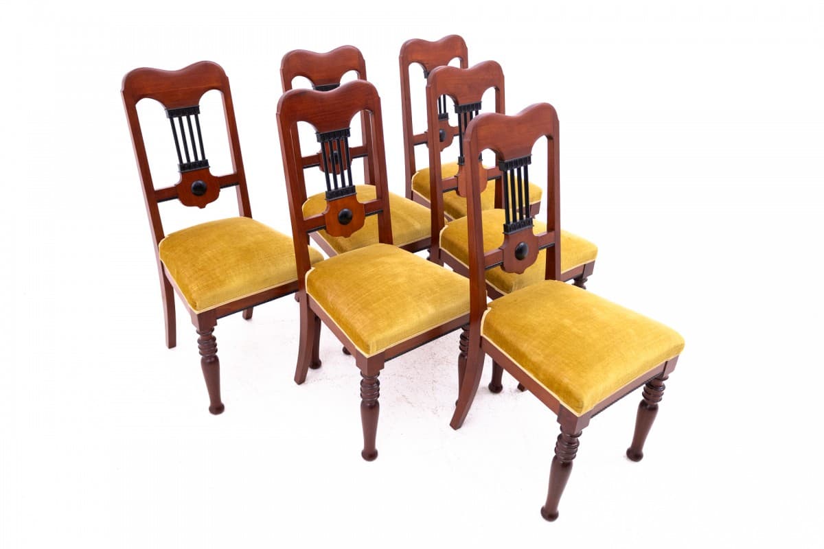 Komplet sześciu krzeseł, aksamit musztardowy, drewno brązowy, Europa Północna, przełom XIX/XX w. - 66978
