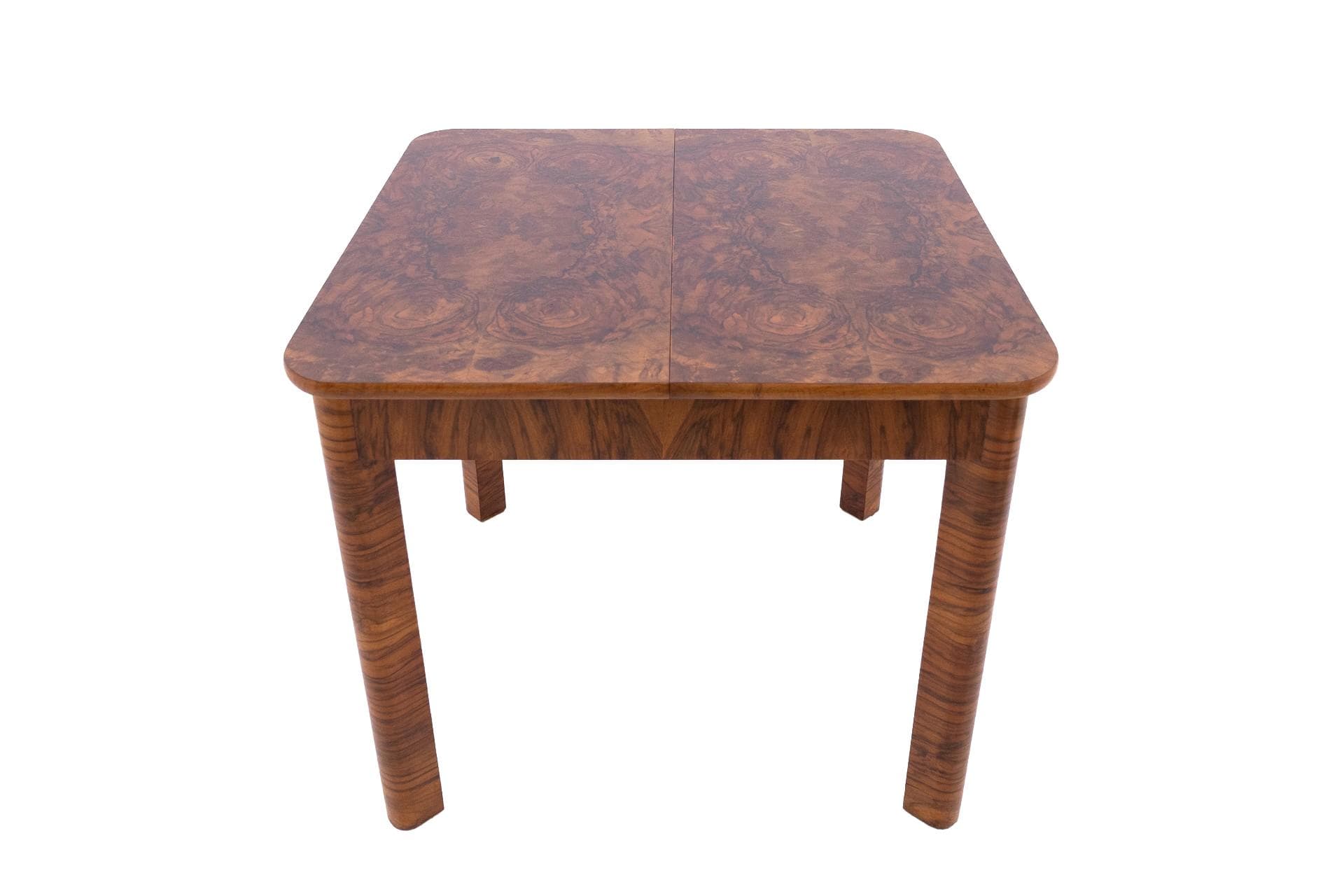 Stół kwadratowy Art Deco, orzech brązowy, Polska, lata 50.