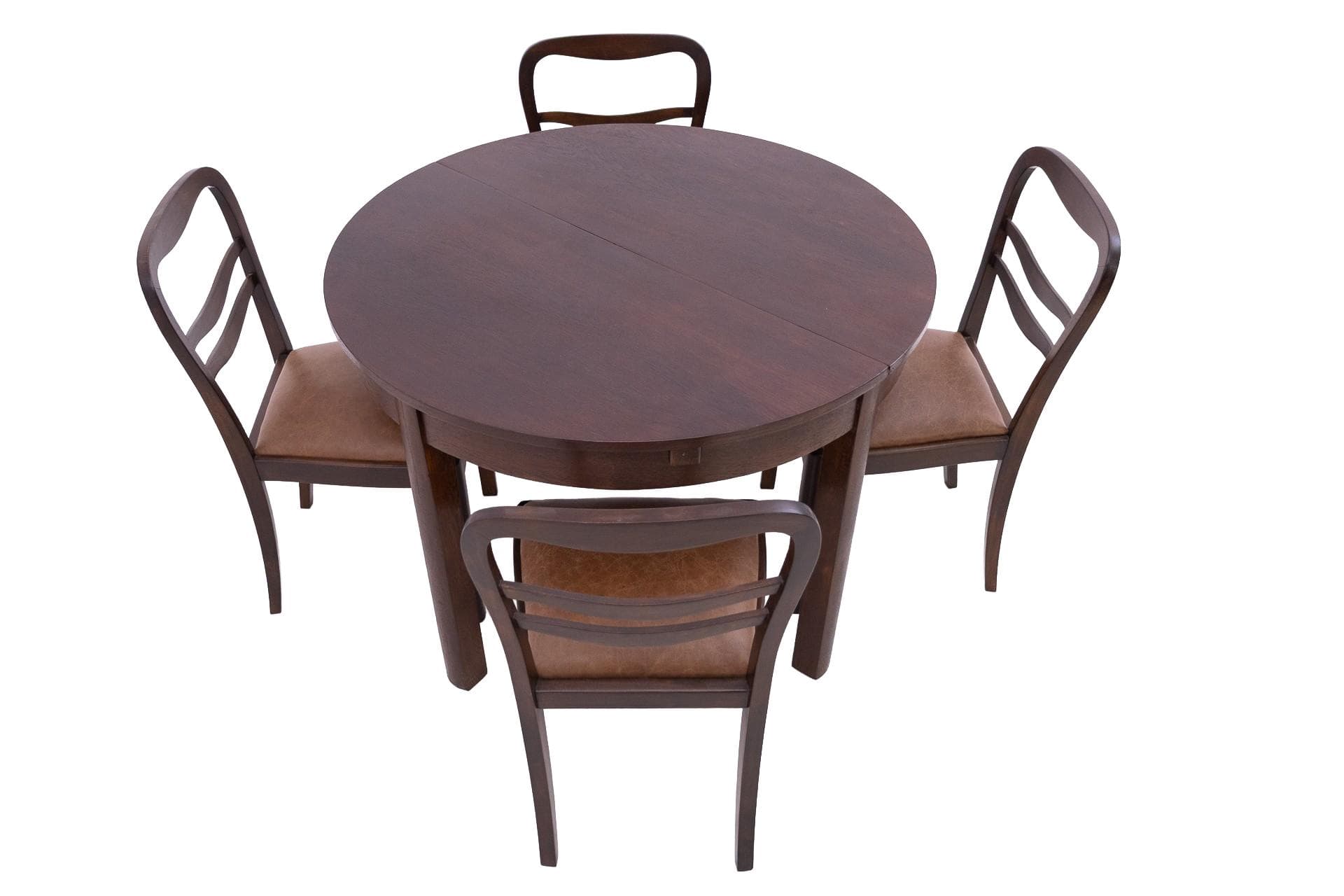 Dining set Art Deco, dark brown wood, light brown natural leather, Poland, 1940s