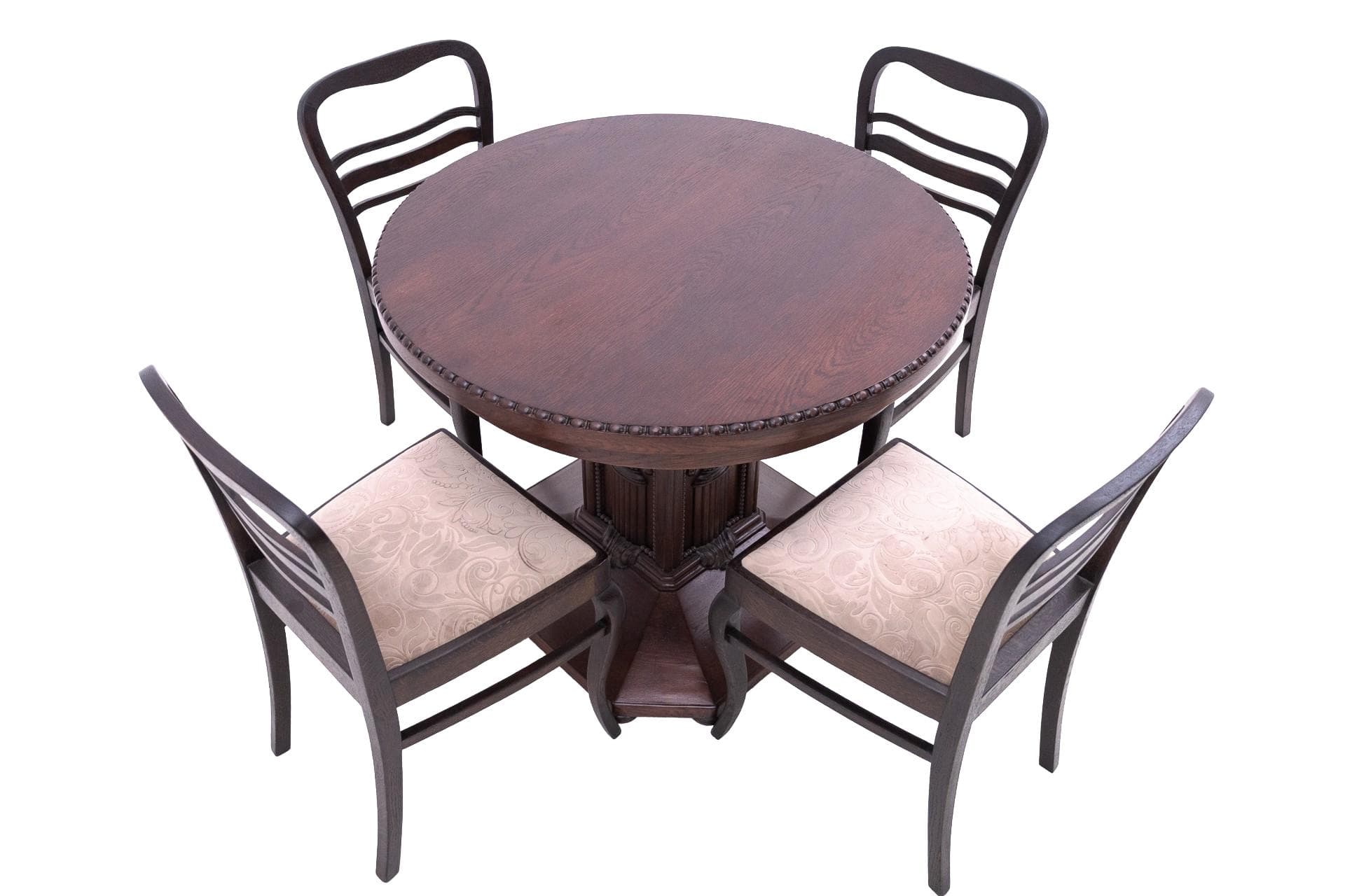 Set round table and chairs, Neoclassical Art Nouveau, dark brown oak, Western Europe, early 20th c.