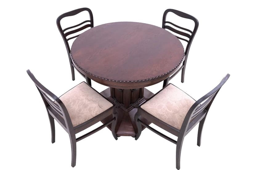 Set round table and chairs, Neoclassical Art Nouveau, dark brown oak, Western Europe, early 20th c.