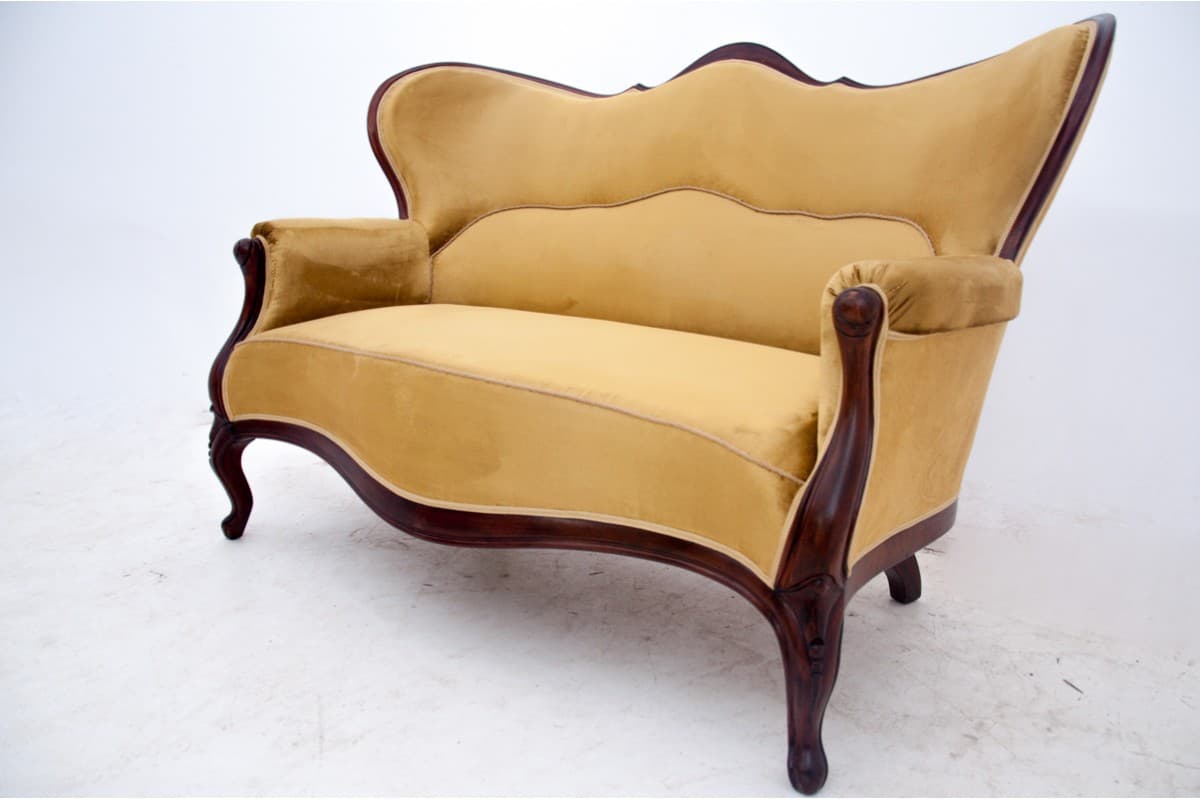Sofa Ludwik Filip, velvet żółty, mahoń, Francja, XIX w. - 72979