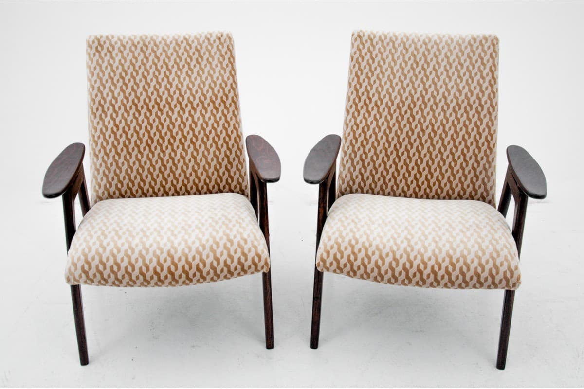 Pair of armchairs, beige, walnut, by J. Šmidek, Jitona, Czech Republic, 1960s. - 73192