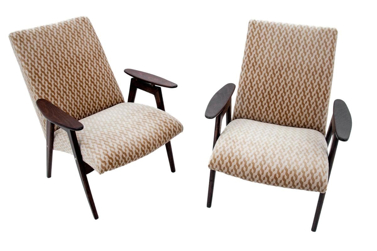 Pair of armchairs, beige, walnut, by J. Šmidek, Jitona, Czech Republic, 1960s.