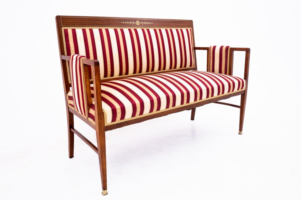 Komplet salonowy, drewno brąz, tapicerka burgund beż złoty, Francja, koniec XIX w. - 73044