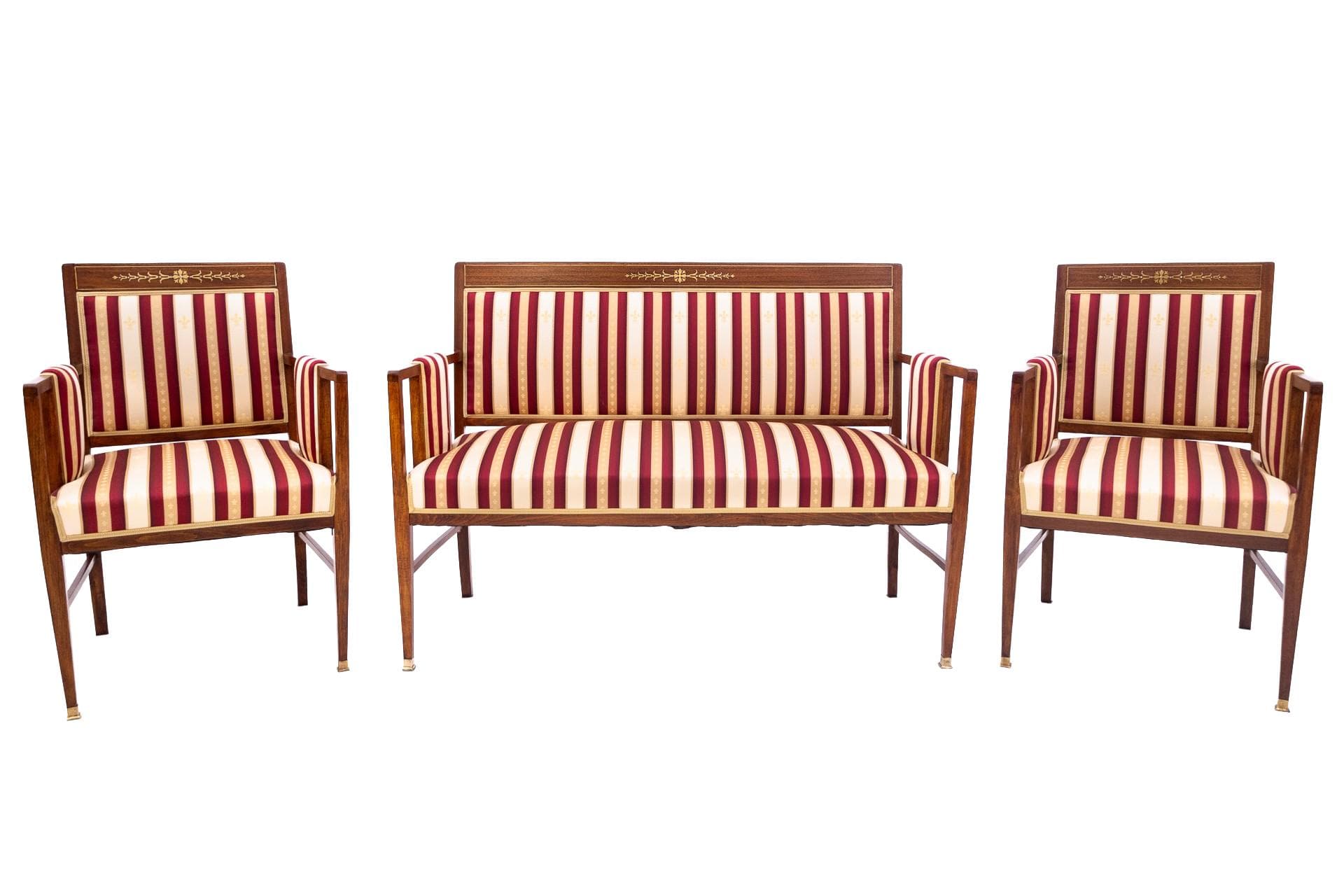 Komplet salonowy, drewno brąz, tapicerka burgund beż złoty, Francja, koniec XIX w.