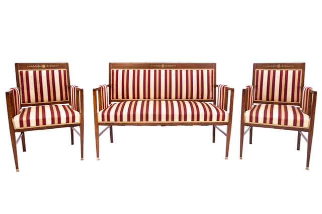 Komplet salonowy, drewno brąz, tapicerka burgund beż złoty, Francja, koniec XIX w. - WYMIARY