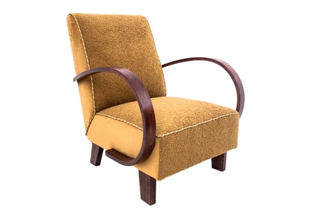 Fotel art deco, boucle złocisty, dąb, proj. J. Halabala, Czechosłowacja, lata 30. - WYMIARY