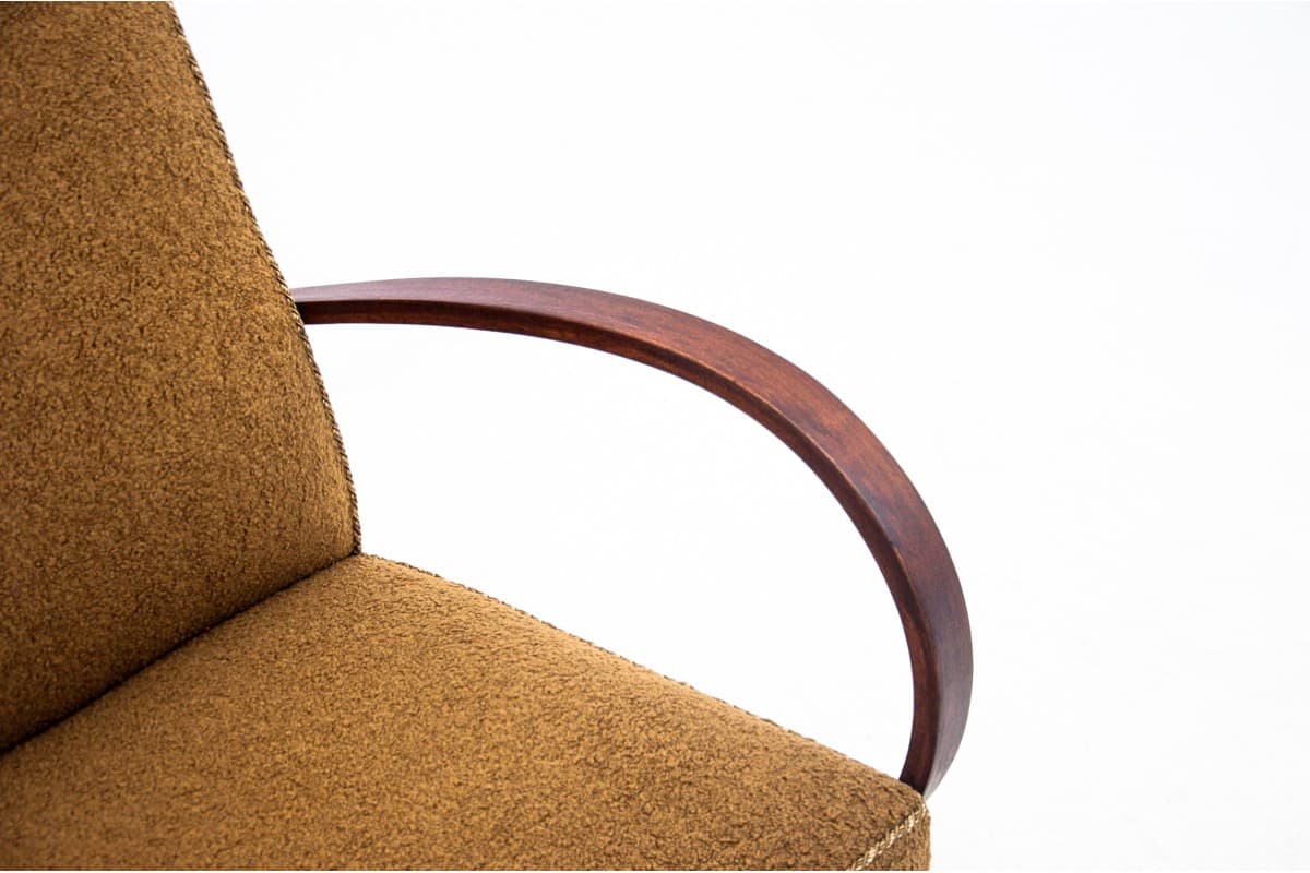 Fotel art deco, boucle złocisty, dąb, proj. J. Halabala, Czechosłowacja, lata 30. - 73201