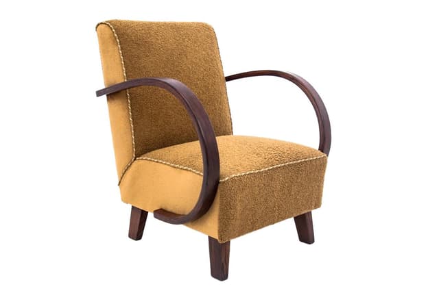 Fotel Art Deco, velvet żółty, dąb, proj. J. Halabala, Czechy, lata 30. - WYMIARY