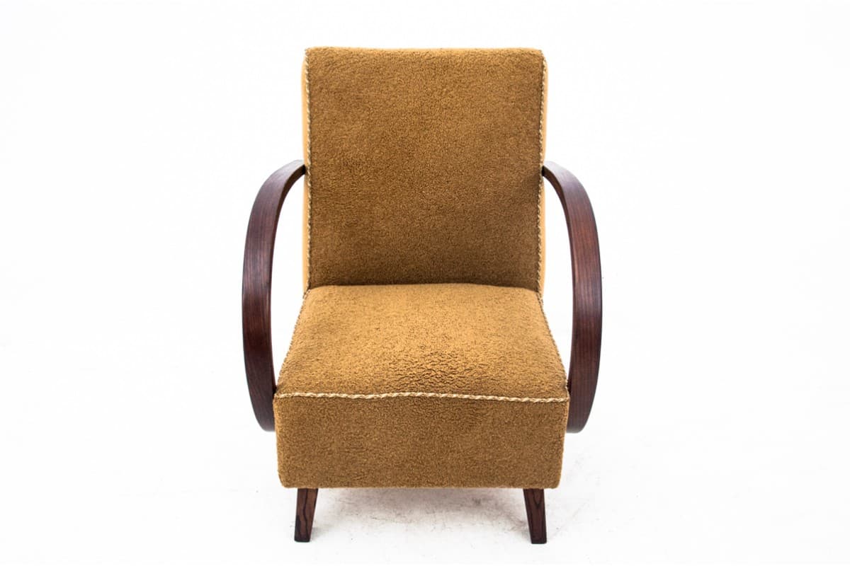 Fotel Art Deco, velvet żółty, dąb, proj. J. Halabala, Czechy, lata 30. - 73251