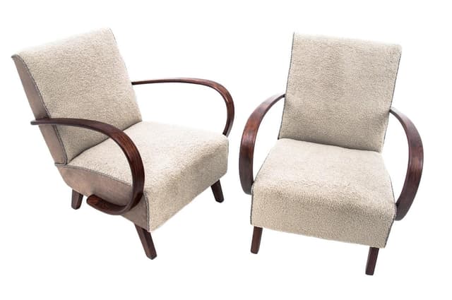 Pair of armchairs H-227, Art Deco, beige boucle, oak, by J. Halabala, Czechoslovakia, 1930s. - DIMENSION