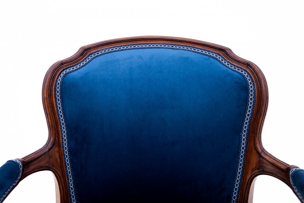 Fotel Ludwik XVI, velvet niebieski, orzech, Francja, lata 20. - 75656