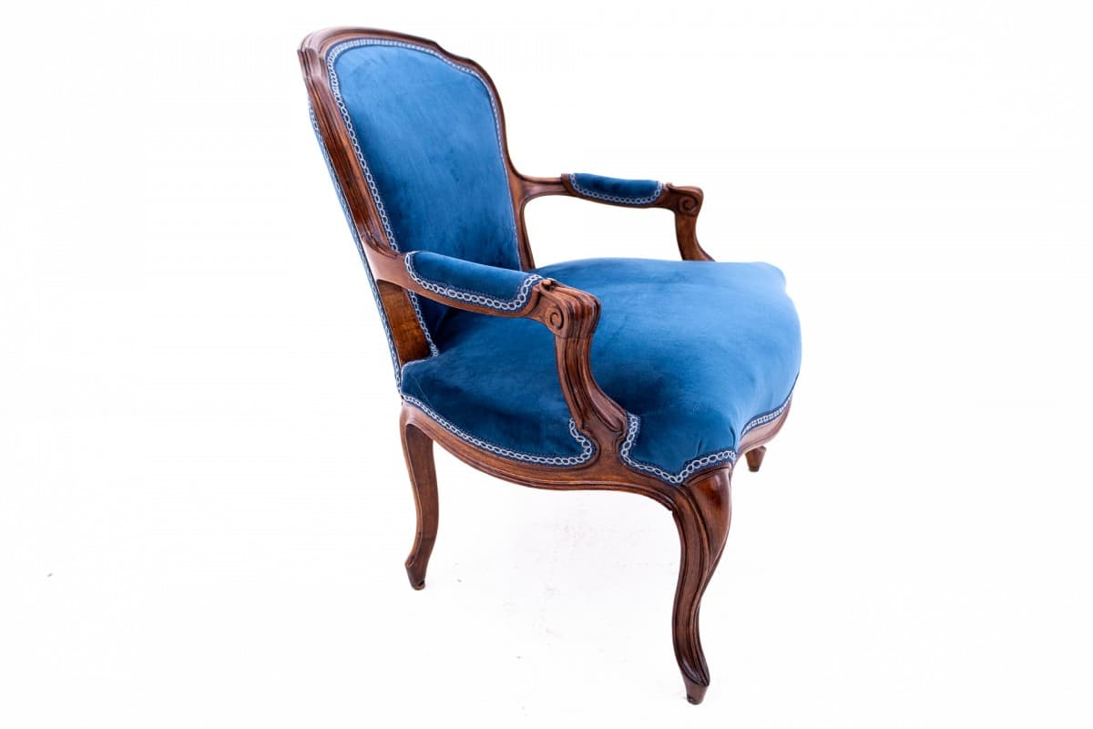 Fotel Ludwik XVI, velvet niebieski, orzech, Francja, lata 20. - 75658