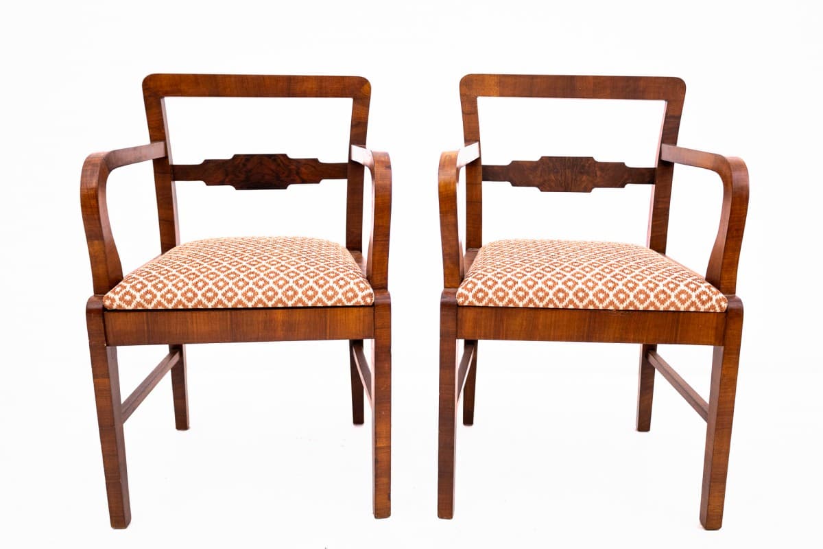 Pair of armchairs, Art Deco, dark brown wood, Poland, 1940s. - 75670