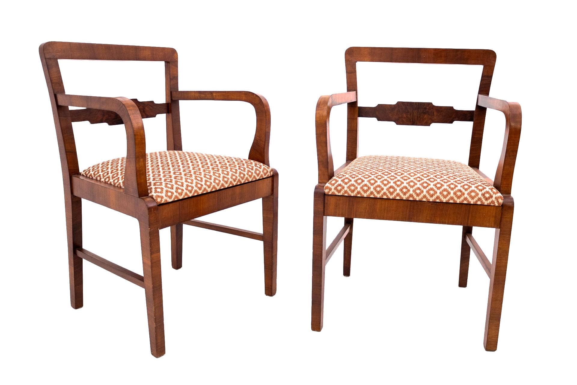 Pair of armchairs, Art Deco, dark brown wood, Poland, 1940s.