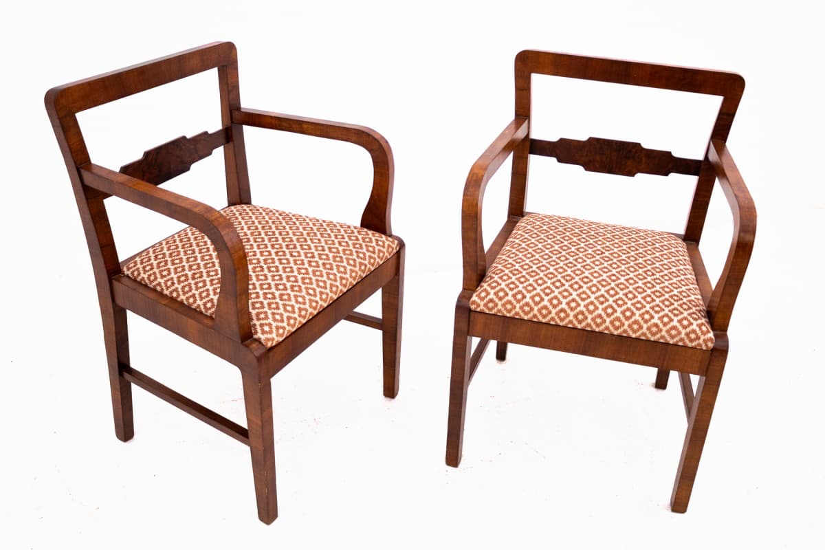 Pair of armchairs, Art Deco, dark brown wood, Poland, 1940s. - 75669