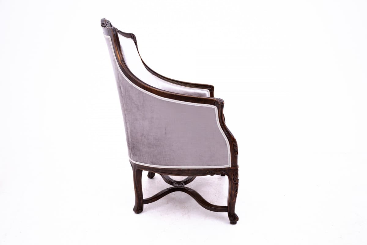 Para foteli berżer, Rococo Revival, velvet srebrny, dąb, Francja, XIX w. - 75727