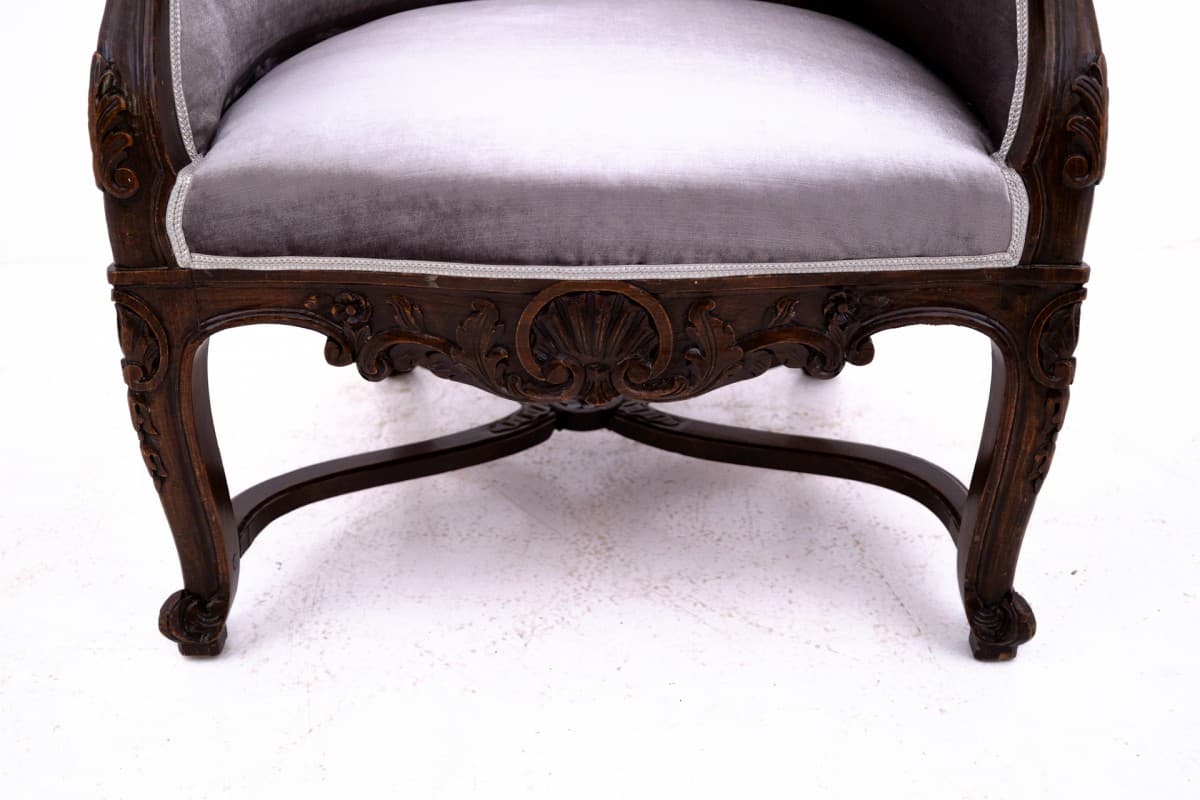 Para foteli berżer, Rococo Revival, velvet srebrny, dąb, Francja, XIX w. - 75726