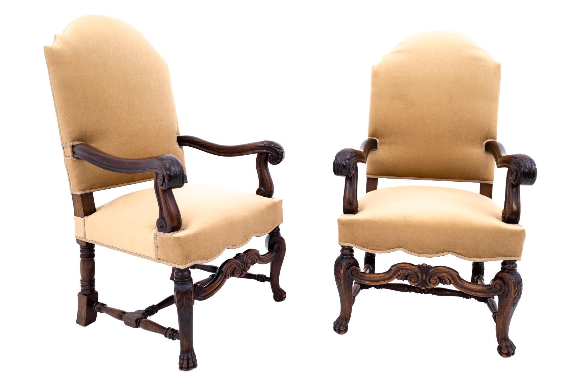 Pair of Baroque armchairs, beige velvet, dark wood, Western Europe, early 20th c.