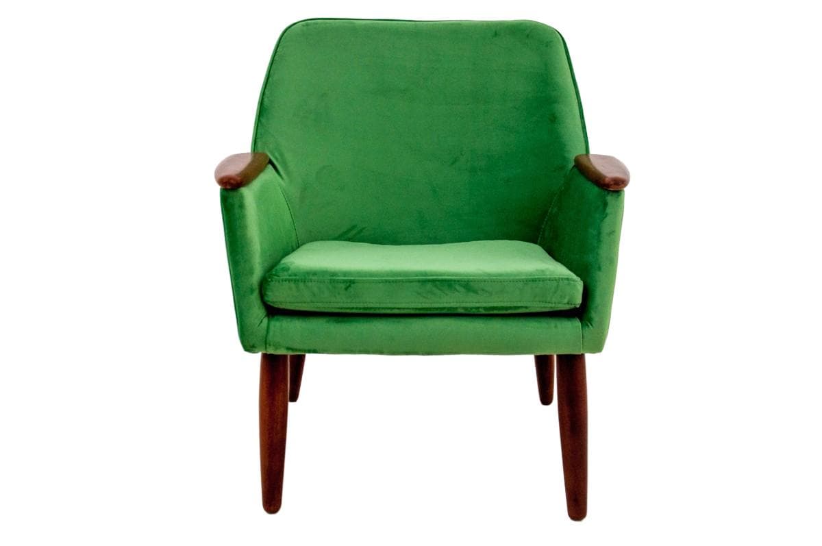 Zielony fotel, teak, styl mid-century modern, Dania, lata 60.