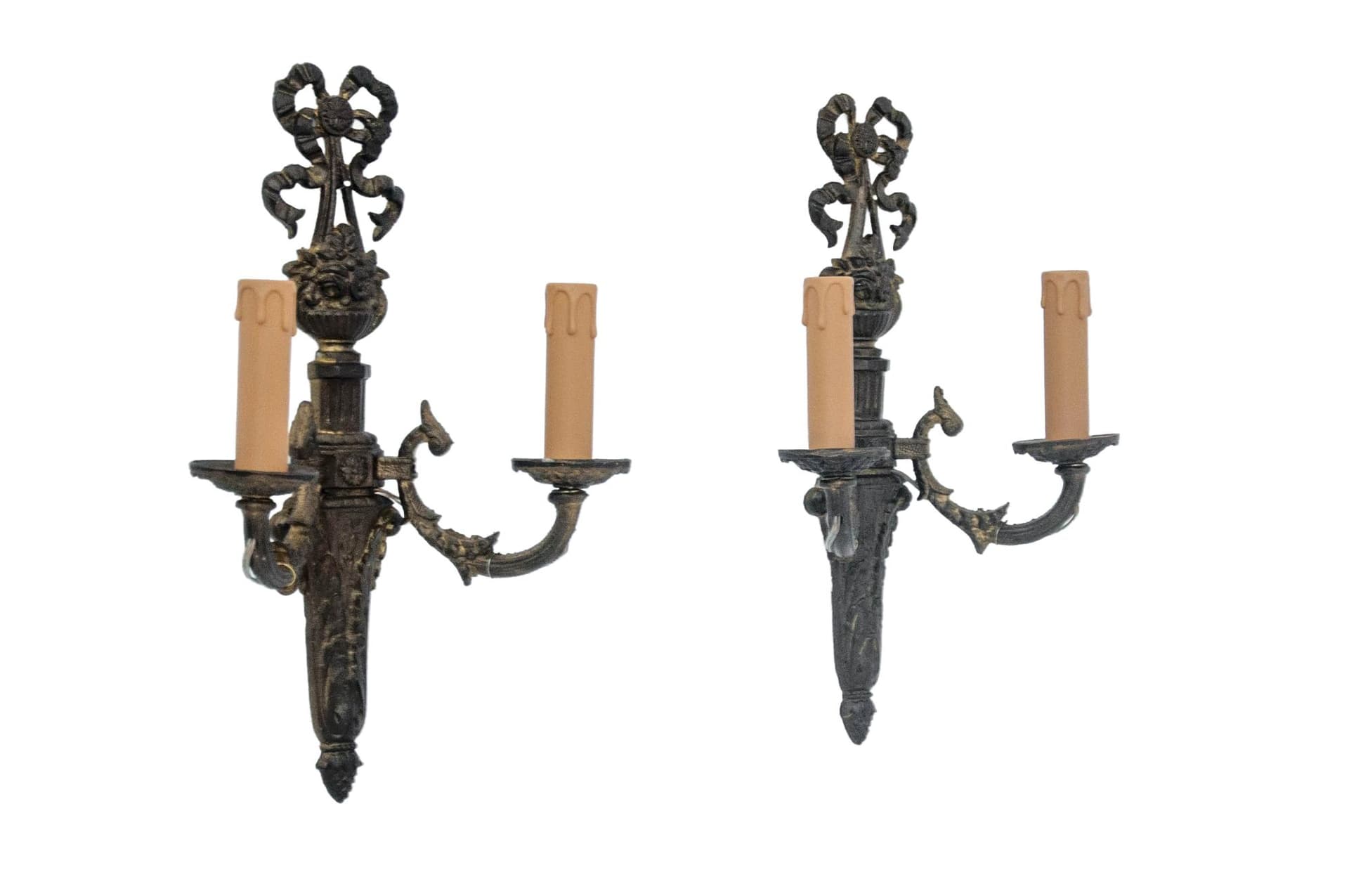 Pair of wall sconces, Louis XVI style, dark brown brass, France, 19th c.
