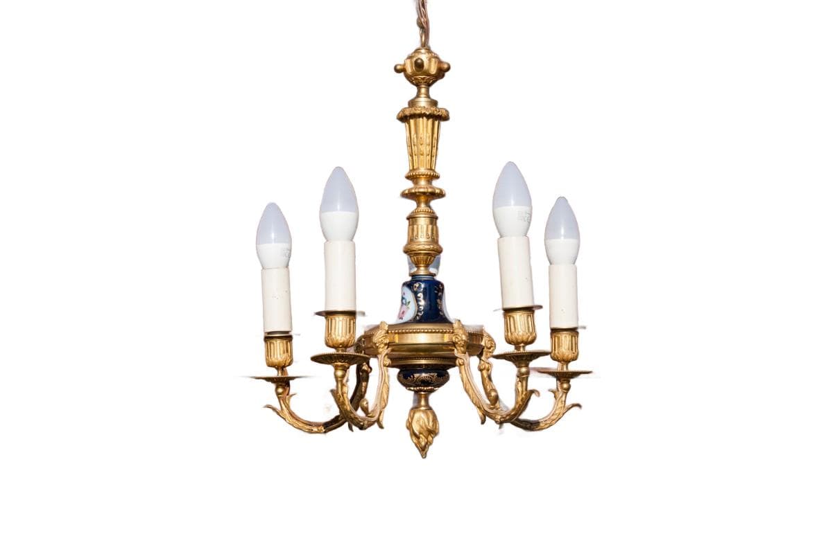 Chandelier Neo-Classical Revival, golden, brass, France, 1950s
