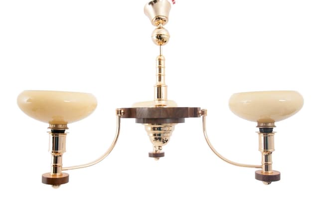 Żyrandol trójramienny Art Deco, złoty, orzech, szkło, Polska, lata 60. - WYMIARY
