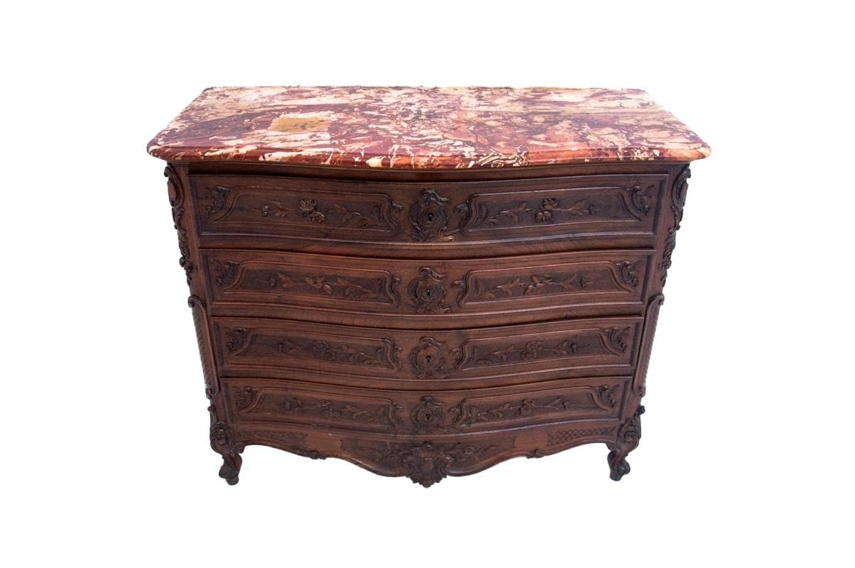 Komoda Rokoko Revival, marmur brązowy, drewno ciemnobrązowe, Europa Zachodnia, XIX wiek