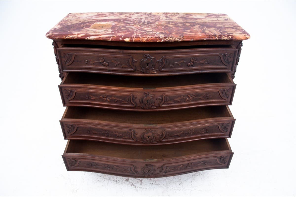 Komoda Rokoko Revival, marmur brązowy, drewno ciemnobrązowe, Europa Zachodnia, XIX wiek - 77006