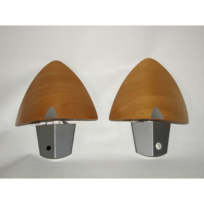 Pair of wall sconces Lucid, brown, bent plywood, metal, 1970s. - 38623