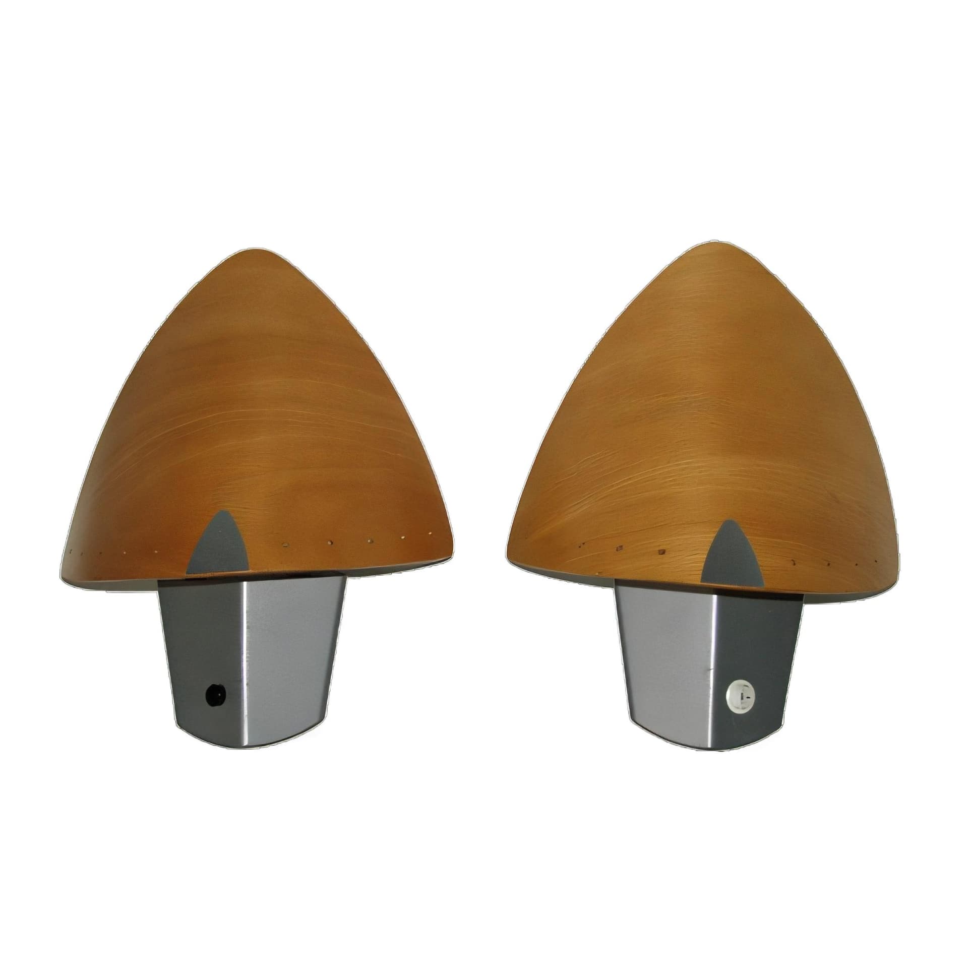 Pair of wall sconces Lucid, brown, bent plywood, metal, 1970s.