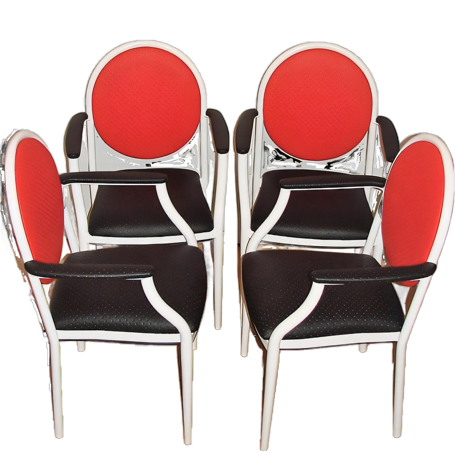 Set of four chairs Souvignet Plichanse, red metal, France, 1970s.