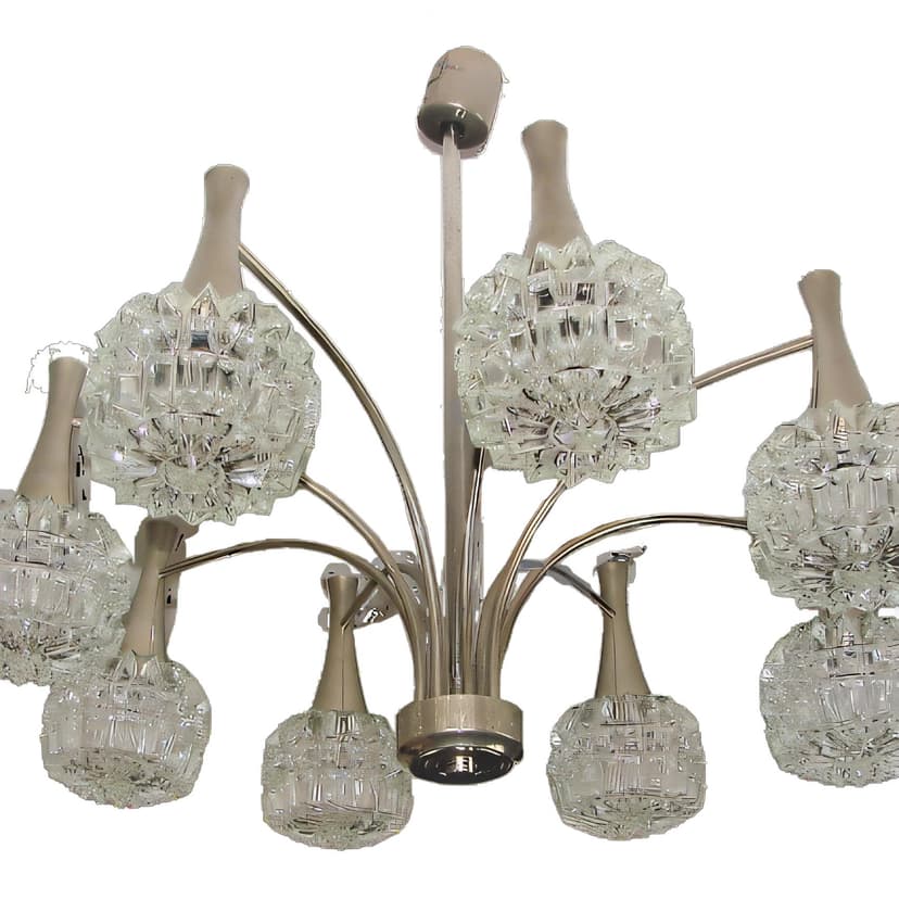 Żyrandol modernistyczny, srebrny, stal chromowana szkło, lata 70.