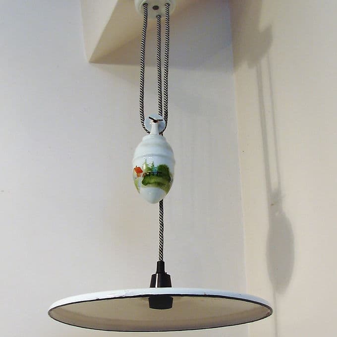 Ivory White Enamel Pendant Lamp with Counterweight, Modernist, Europe, 1930s - 38789