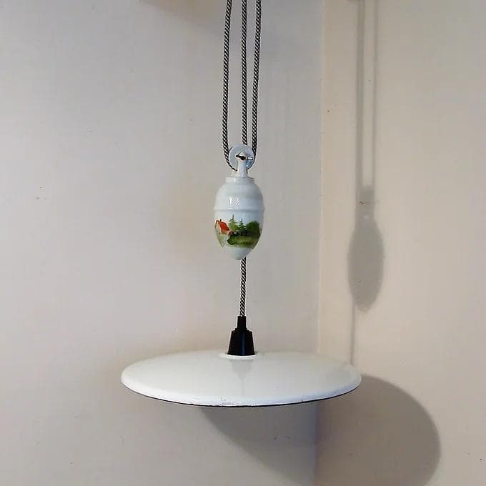 Ivory White Enamel Pendant Lamp with Counterweight, Modernist, Europe, 1930s - 38792