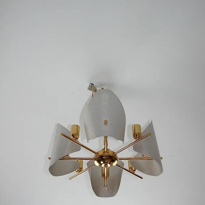 Żyrandol, złoty, aluminium mosiądz szkło, lata 70. - 38779