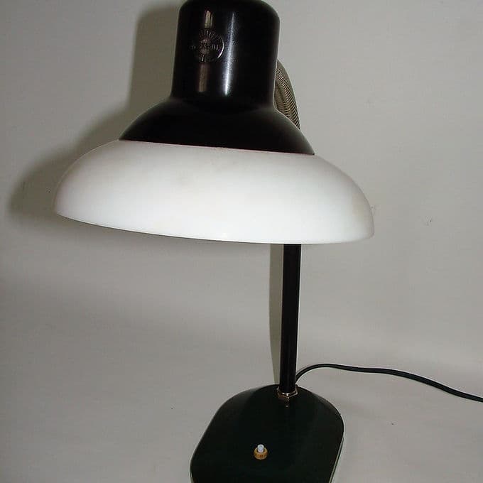 Lampa biurkowa Nolta Lux, metal czarny, szkło białe, podstawa zielona, lata 30. - 38712