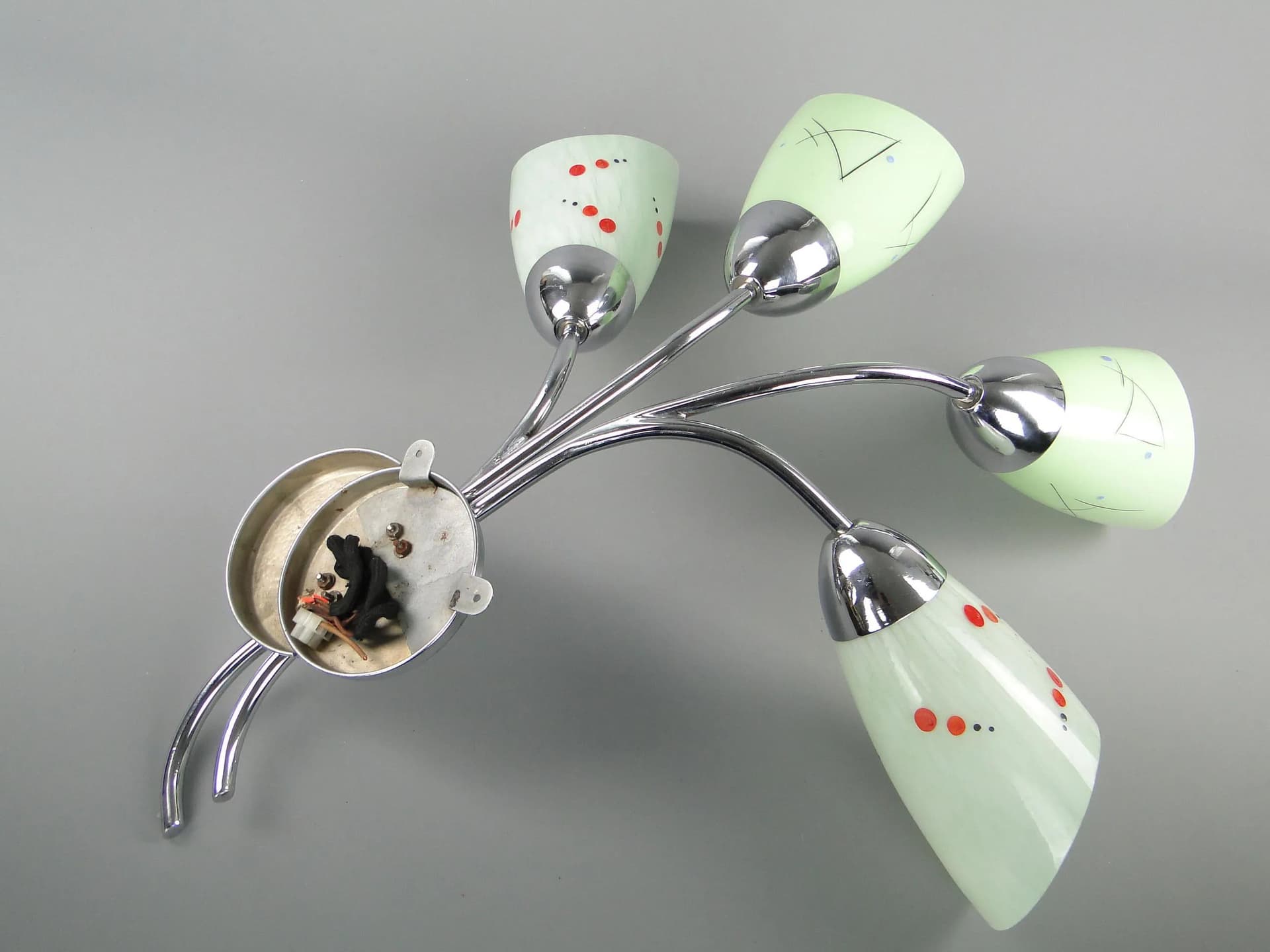 Kinkiet czteroramienny, multikolor, mosiądz chromowany szkło, Polska, lata 50. - 40692