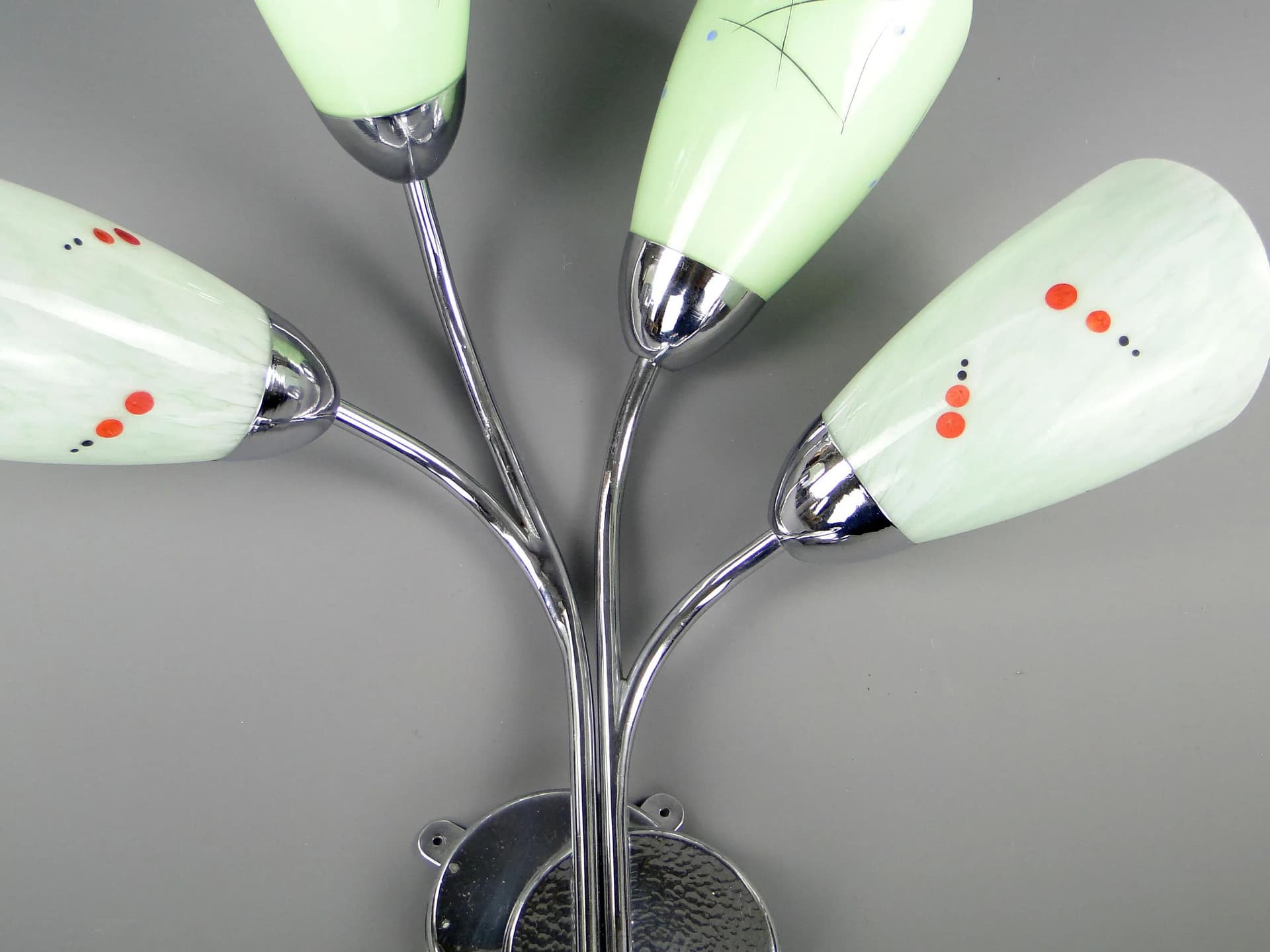 Kinkiet czteroramienny, multikolor, mosiądz chromowany szkło, Polska, lata 50. - 40691